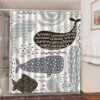 Whales Shower Curtain, Underwater Marine Mammal Gray Black Whale Graphic Bathroom Curtain, Home Bath Decor Accessories