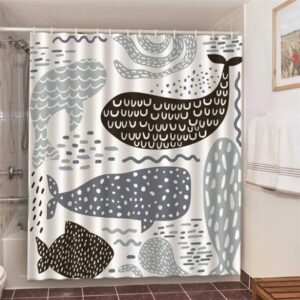 Whales Shower Curtain, Underwater Marine Mammal Gray Black Whale Graphic Bathroom Curtain, Home Bath Decor Accessories