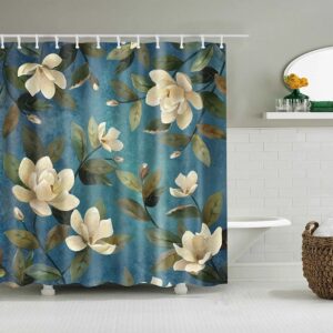 White Magnolia Shower Curtain, Floral Flowers Blue Fabric Bathroom Curtain Accessories
