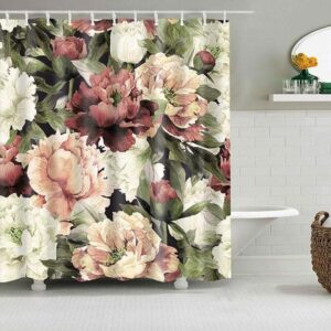 White Pink Peony Shower Curtain, Floral Flowers Fabric Bathroom Curtain, Bath Accessories