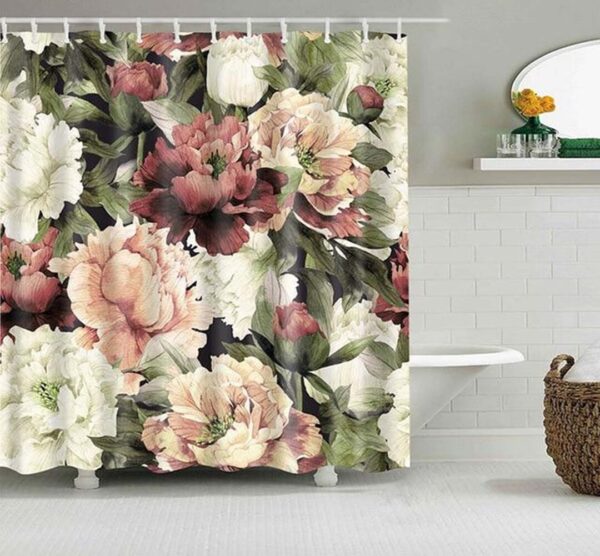 White Pink Peony Shower Curtain, Floral Flowers Fabric Bathroom Curtain, Bath Accessories