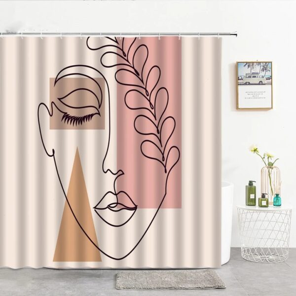 Woman Face Boho Shower Curtain, Beautiful Girl Silhouette Line Drawing Bohemian Leaf Bath Curtain Accessories