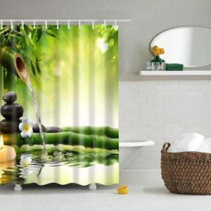 Zen Stones And Bamboo Shower Curtain, Meditation Relaxation Candle Mindfulness, Bath Curtain