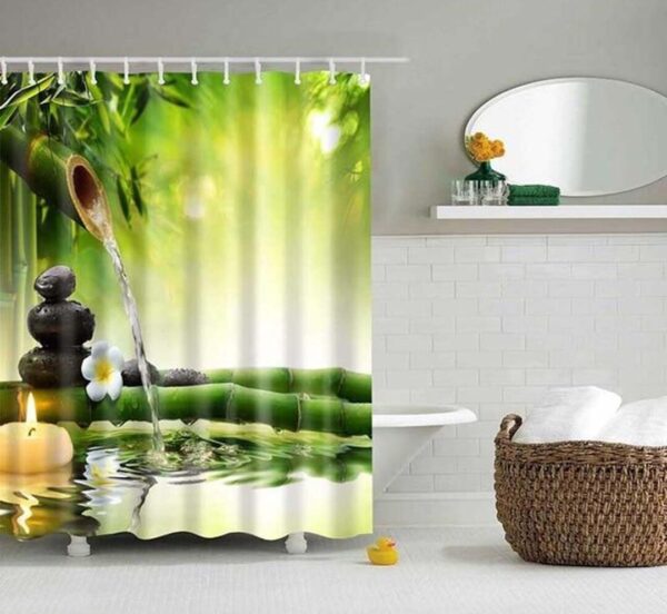 Zen Stones And Bamboo Shower Curtain, Meditation Relaxation Candle Mindfulness, Bath Curtain